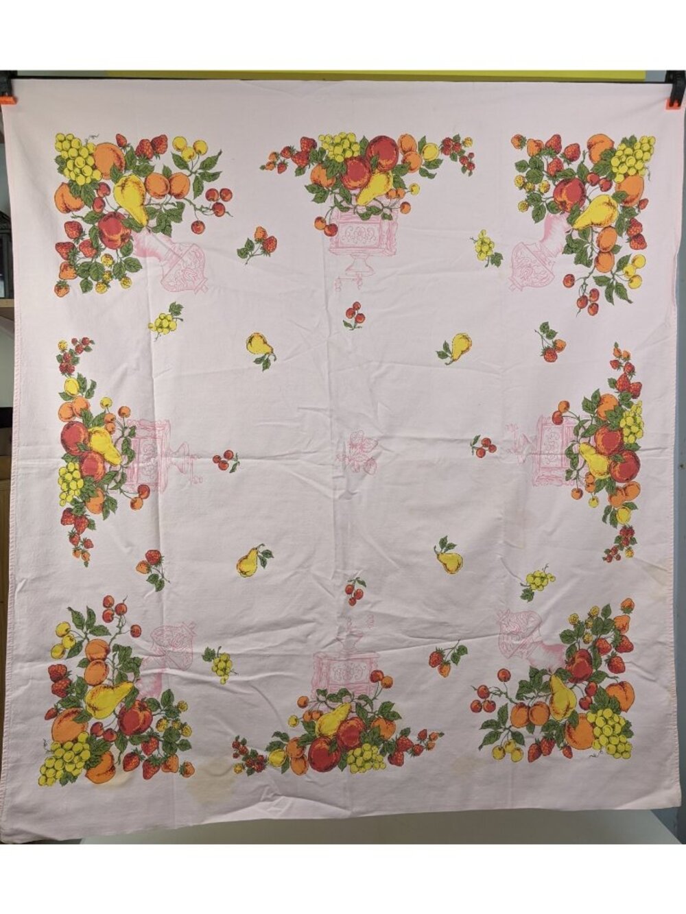 Vintage Fruit Tablecloth 45" x 50" Linen Cotton Blend Pear Strawberry Apple